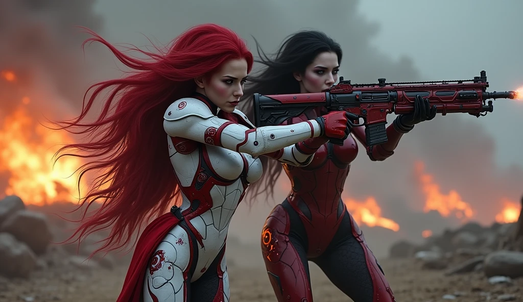 Full body pose sexy sisters of battle from the warhammer 40k, shooting at the enemy, red space marine armor with intricate details, white space marine armor with intricate details, symbols on the armor, sisters of battle, warhammer 40k, Massive exposed silicone breast, pale skin, seductive, temptation, eat your soul, clevage, long red flowing hair, long black flowing hair with purple highlights, heavy gothic makeup, at night, neon, beautiful detailed eyes, beautiful detailed lips, extremely detailed eyes and face, long eyelashes, highly detailed armor, intricate futuristic weaponry, dramatic lighting, cinematic composition, muted color palette, gritty and realistic, mecha, science fiction, hyper-detailed, photorealistic, award winning digital art, 8k, HDR, masters work, in the middle of a battle field, full body combat action pose, explosions and fire around, full war, stunning, Stilleto heels, high heels, full body pose, cinematic, movie trailer, final stand!, nemesis, ready to strike, dust and debree, combat screams, attacking, shooting at the enemy, running forward, last line of defense, charging, fanatic, religious, templar knights, sisters of battle, warhammer 40k, shooting at the enemy, bimbo gigantic exposed breast, jetpacks, space marine, stilleto heels, cinematic light, cameltoe pussy, beautiful pussy, wet pussy, wet body, oiled body, gigantic breast, dynamic super sexy combat action pose