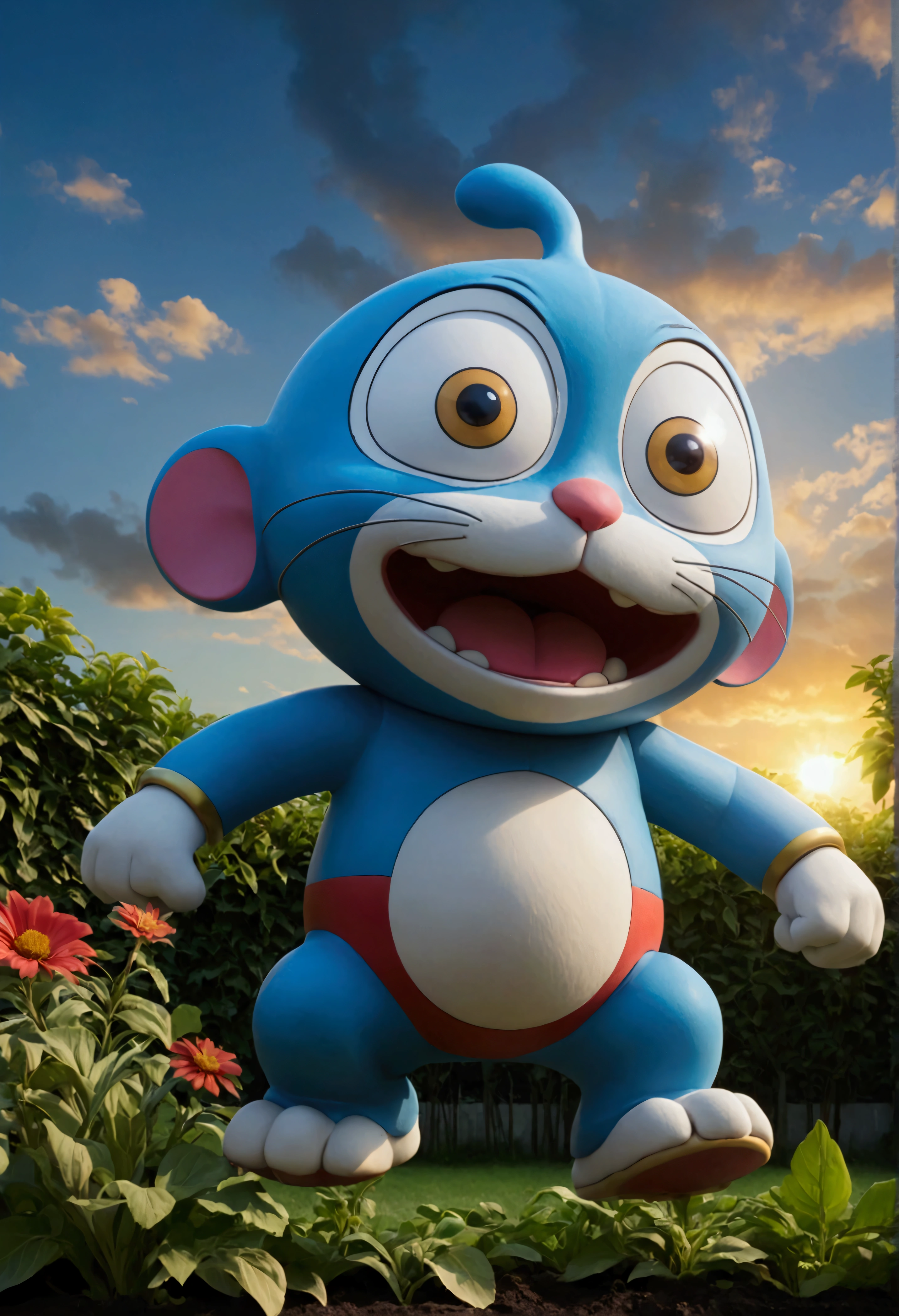 Very scary dark doremon with Nobita and Jian and sujuka and school garden and dark blue sky with sunset