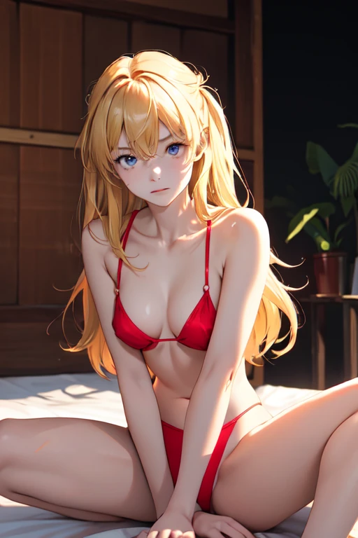 (masterpiece, best quality), 1girl, beautiful face, beautiful body, souryuu_asuka_langley, hair between eyes, solo, bright expression, natural small breast, cleavage, slim, thin, tall, blonde reflected light, red bikini, collarbone, silky shiny skin, high resolution, sitting, perfect detailed anatomy, perfect arms, perfect fingers, spread legs, soft light, lakeside