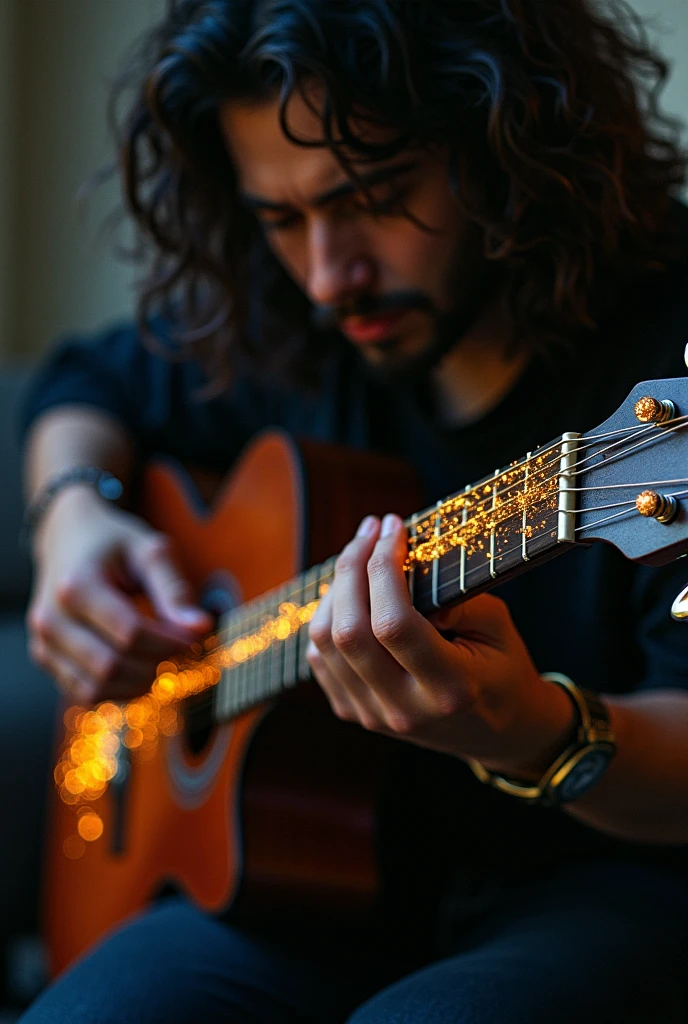 small magnets fitted to the tip of the fingernails, playing a guitar whose string is also made of magnets