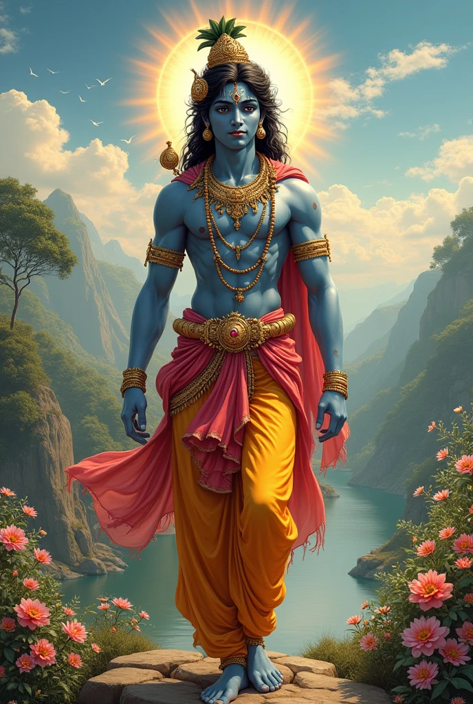 (masterpiece, best quality), 8k, (((Very detailed))), lord Krishna, blue skin, intricate patterns, colorful attire, holding a flute, peacock feather in hair, vibrant outfit, stained glass background, transparent elements, mandala, divine light, serene expression, cold tones, 1 male, side view, soft curls, ornate details, spiritual aura.