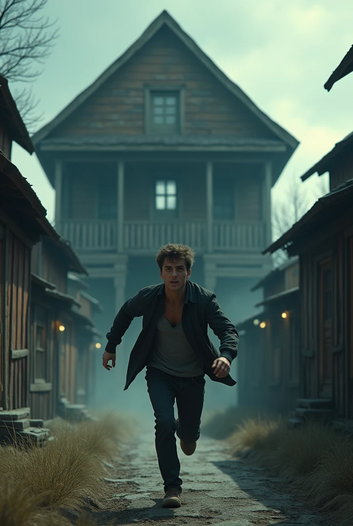 A young man fleeing from a large wooden house, scared, in a small town with a dark and somewhat lively atmosphere