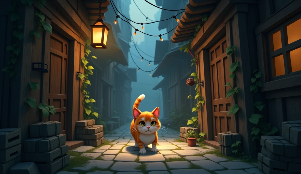 Create an image of Whiskers, the curious orange and white cat, exploring a mysterious and unfamiliar part of the village. Whiskers should be seen cautiously stepping into a narrow alleyway, surrounded by tall, shadowy buildings. The alleyway is filled with hidden corners and intriguing details like old crates, vines creeping up the walls, and dimly lit lanterns casting a warm glow. The scene should capture the sense of discovery and curiosity, with Whiskers' nose close to the ground as he follows the new and exciting smells. The overall atmosphere should be a mix of mystery and adventure, with subtle details hinting at the secrets this part of the village might hold.