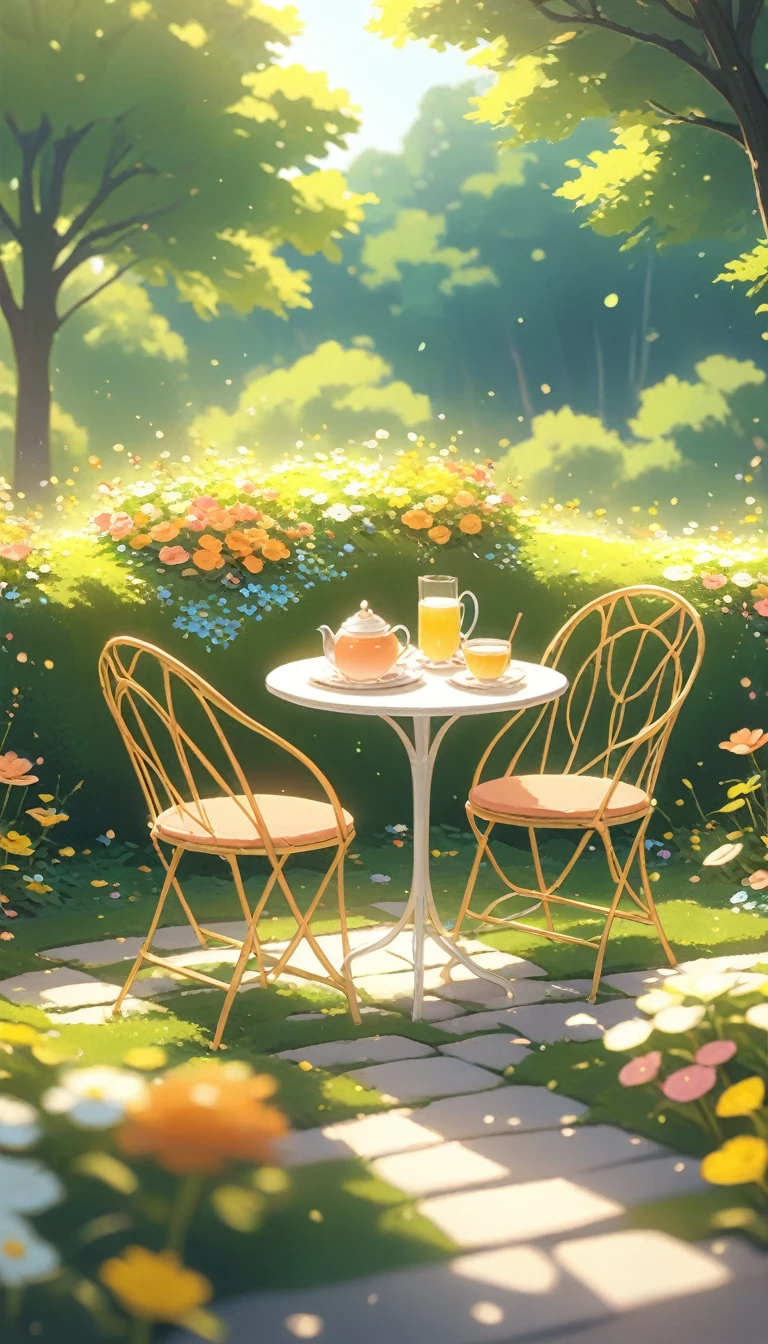 landscape Afternoon Tea, Flower garden Cozy,Orange Pink ,There are no human characters,No people