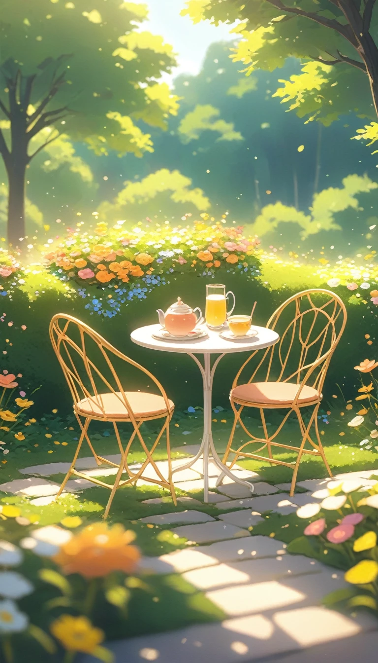 landscape Afternoon Tea, Flower garden Cozy,Orange Pink ,There are no human characters,No people