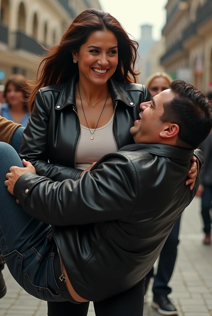 Smiling Salma Hayek in black leather jacket lifting and picking up a chubby fat man in her arms, full view