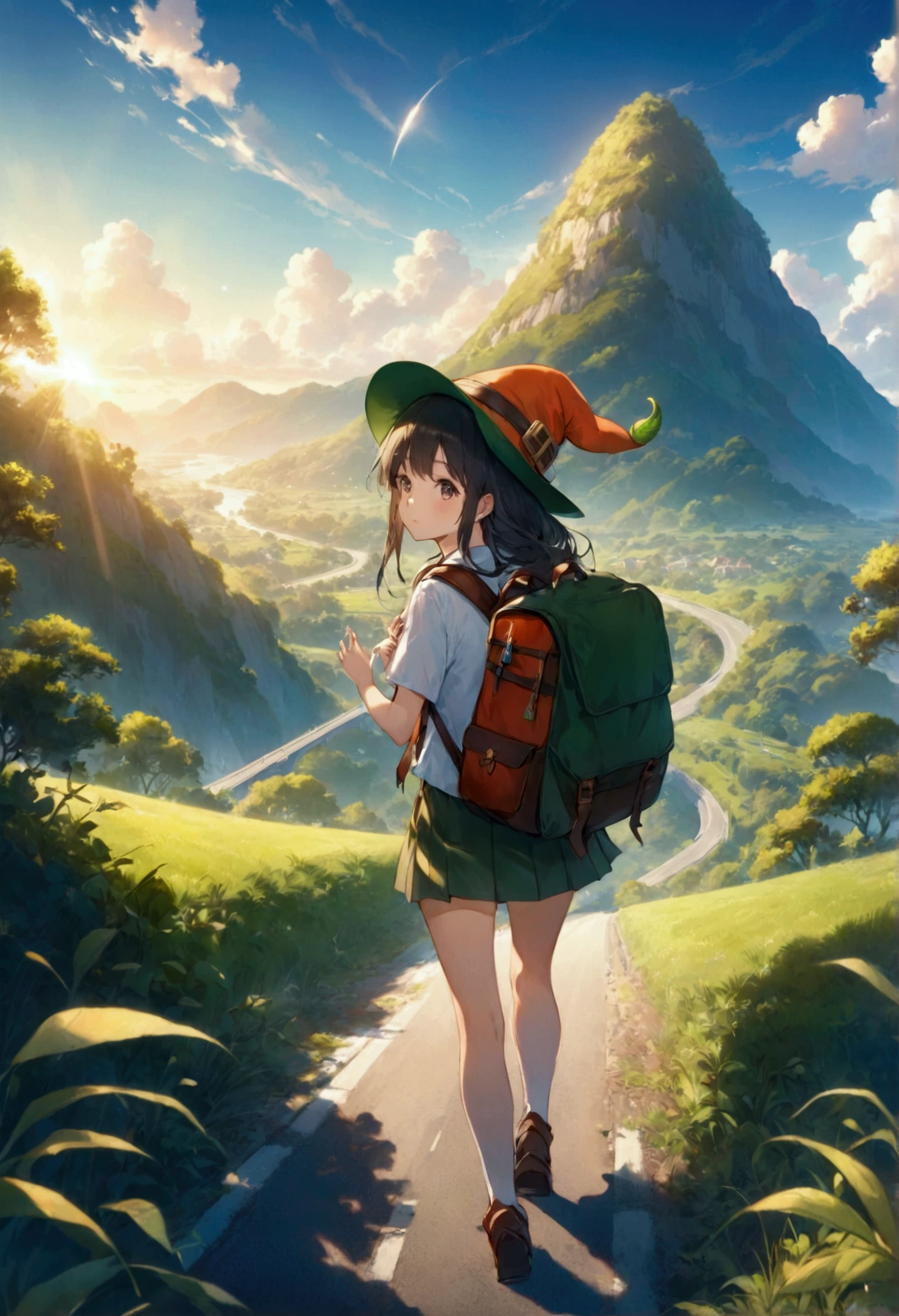 A road with lots of vegetation, a female traveler with a backpack on her back and a leprechaun hat, levantando el dedo pulgar 👍🏼 pidiendo un aventon a un ovni en el anochecer con luciérnagas en el aire