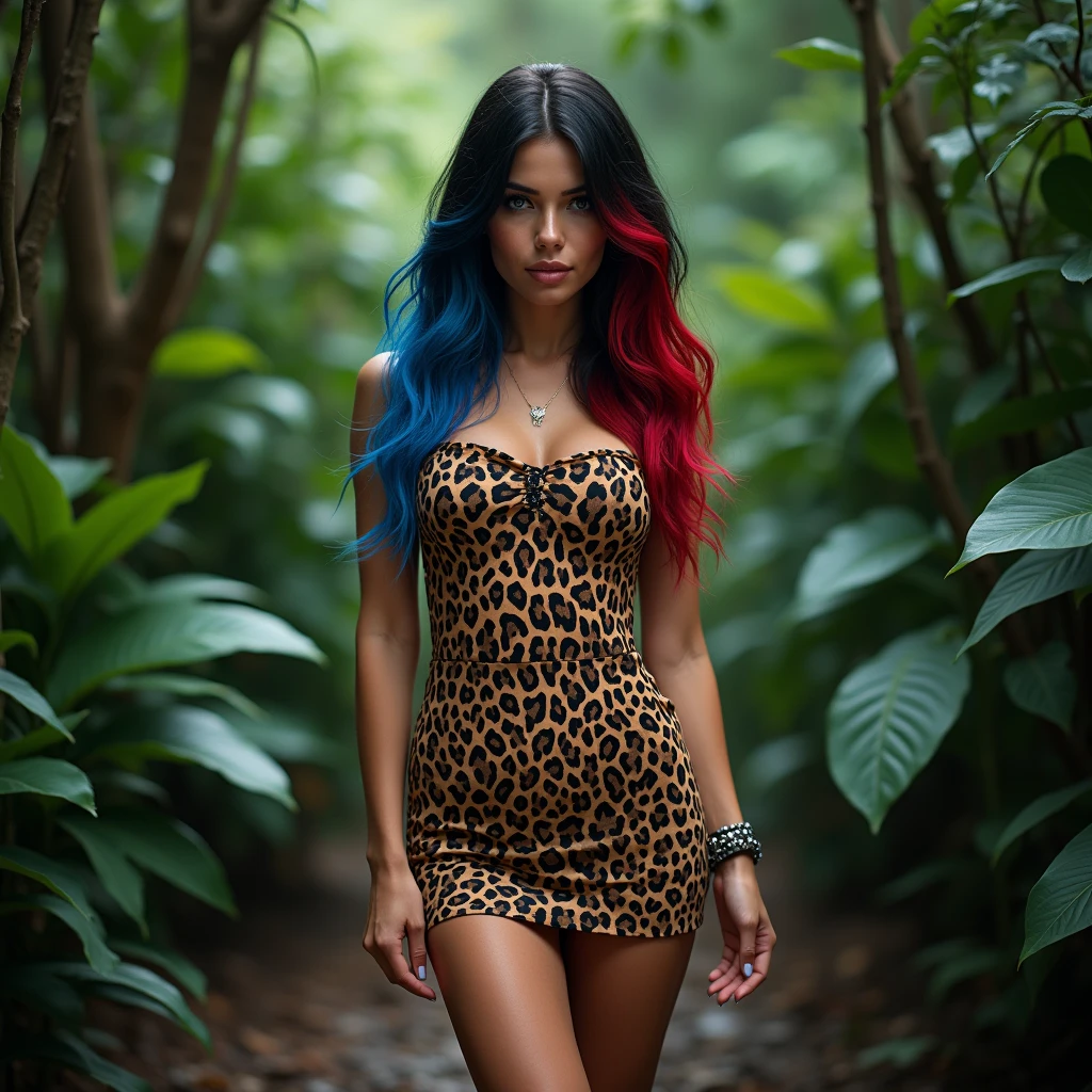 8k full view beautiful Italian American woman, blue eyes, long black and red ombre hair with blue highlights, wearing a short animal print dress, brown shoes in the jungle