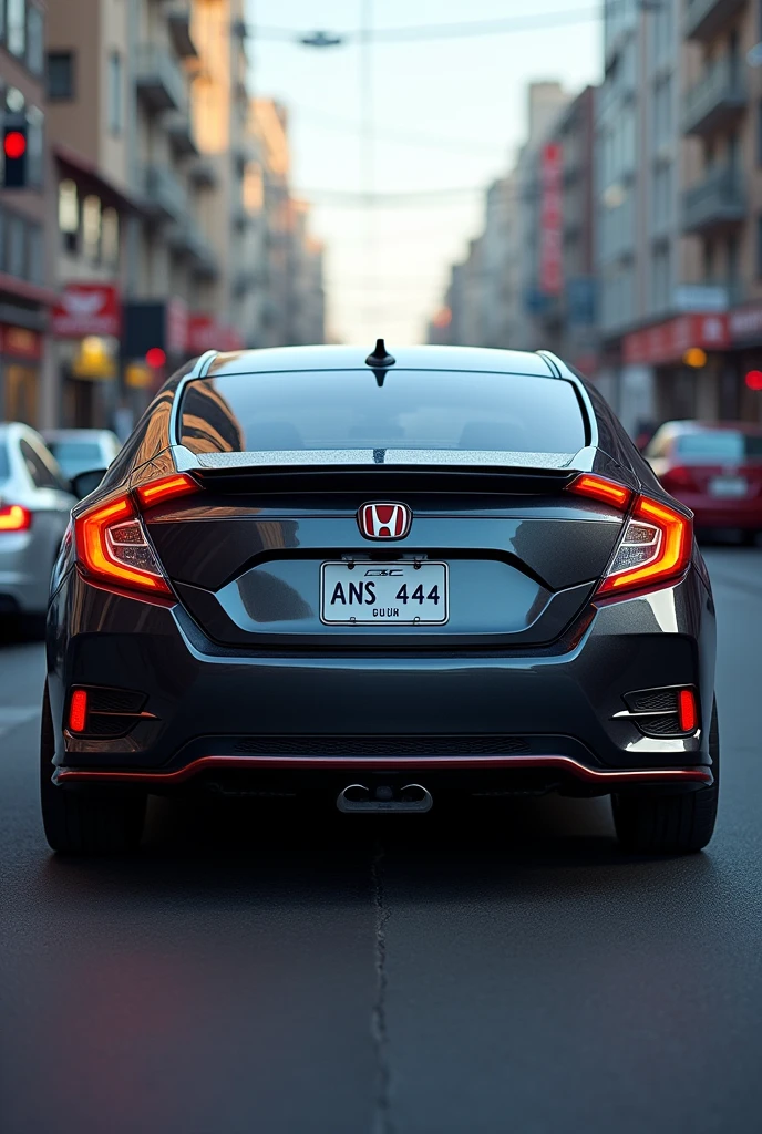 A honda civic  back number plate with the name of ans 444