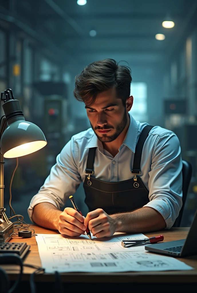 I am an electrical engineer working in a factory. I am very serious. I am 3. I am working at a desk