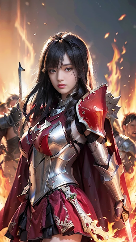 Very beautiful woman、Slender women、(Detailed face)、Realistic Skin、((Knight of Fire)), (((Red Armor:1.25)))、((((Highly detailed and intricately decorated black armor))))、((Delicate photo))，(Girl Astepeace RAW Photo Details:1.25), (Highest quality:1.6), (Ultra-high resolution:1.5), (Realistic:1.75), 8k resolution, Canon EOS R5, 50mm, Absurd, Very detailed,Cinema Lighting,Battlefields of Medieval Europe、((Fight))、RPG World、Final Fantasy、(((Decorative skirt)))、Thigh-high socks、Shingard、night、((Bangs are too long))、((Long, thick, dark red braids))、Get a six pack、Torn Cloak、Beautiful Armor、(((Giant Sword)))、In combat、The wind is blowing、(((Flames covering the area)))、(((Leading a large group of red knights)))、(((Knight Commander)))、Armor with a phoenix motif、Old scar on right cheek:1.2、((fire))、(((Battle Scenes)))、((Browsing Caution))