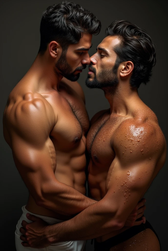Múscul hairy Latino man sucking a muscular hairy Arab men covered in swet and cum