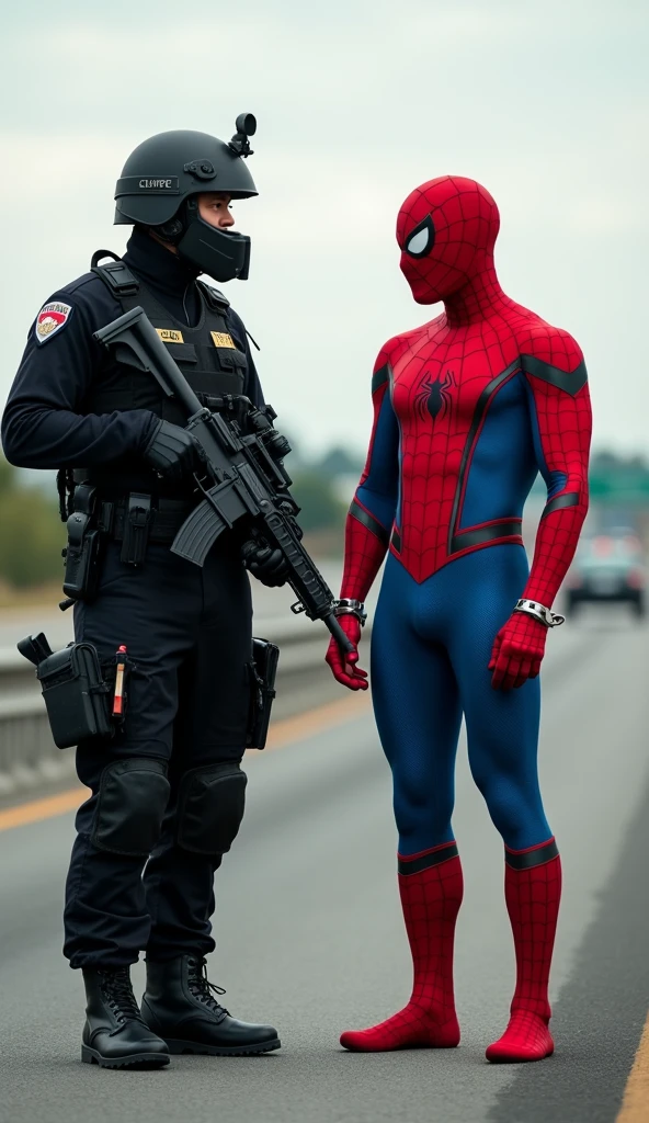 Create a humorous image of a real-life police officer standing next to Spider-Man, who is handcuffed and in custody. The police officer should be dressed in full tactical gear, including a helmet, black uniform, and holding a modern automatic rifle. Spider-Man should be wearing his classic red and blue suit with web patterns, standing with his hands cuffed in front of him. The background should be a realistic highway or road scene in daylight, with a few cars visible in the distance. The overall mood should be funny and surreal, blending the real and fictional worlds.