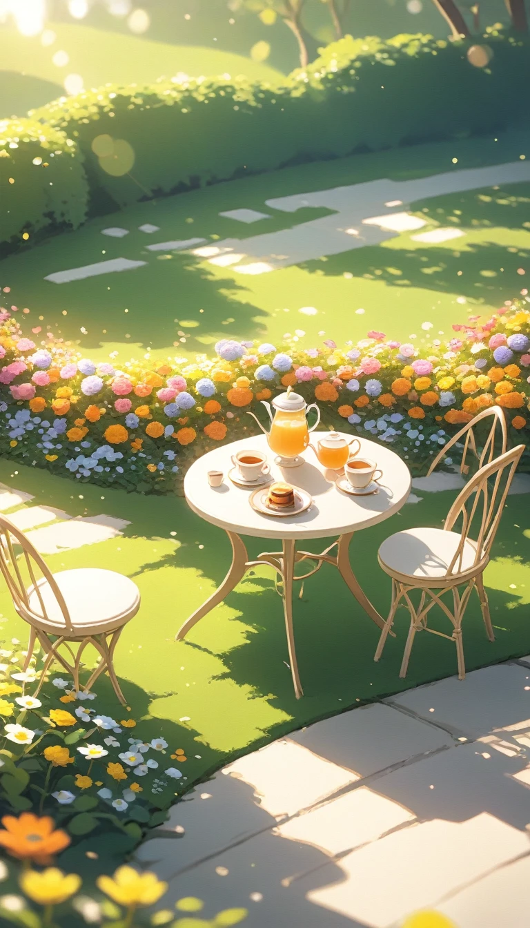 landscape Afternoon Tea, Flower garden Cozy,Orange Pink ,There are no human characters,No people