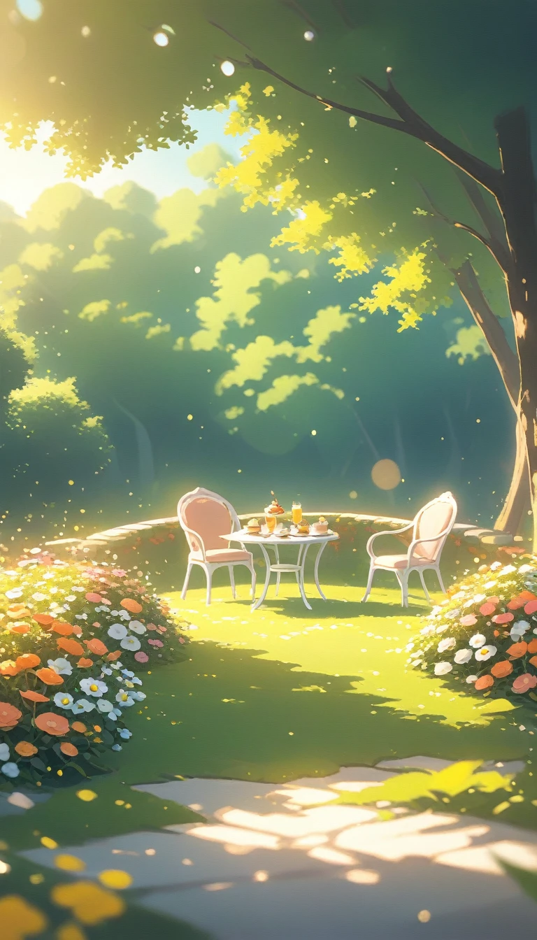 landscape Afternoon Tea, Flower garden Cozy,Orange Pink ,There are no human characters,No people