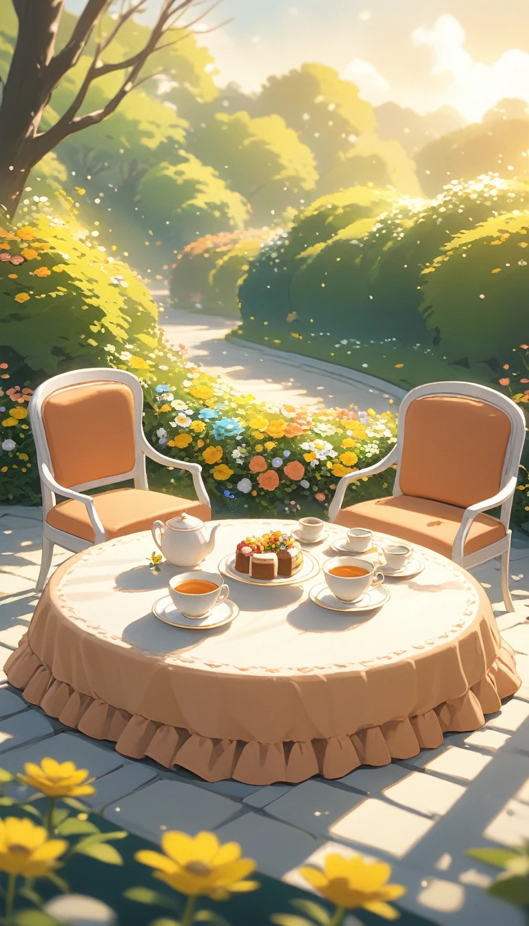 landscape Afternoon Tea, Flower garden Cozy,Orange Pink ,There are no human characters,No people