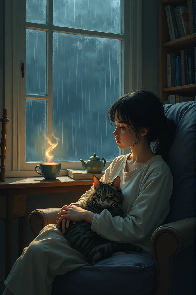Sad girl sleeping cat tea rain window 