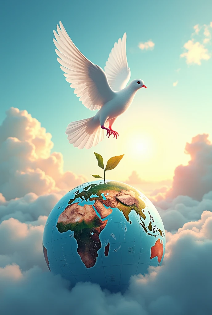 Create an image of globe and sky and and white pigeon flying and hope growing three plus slight rising sun