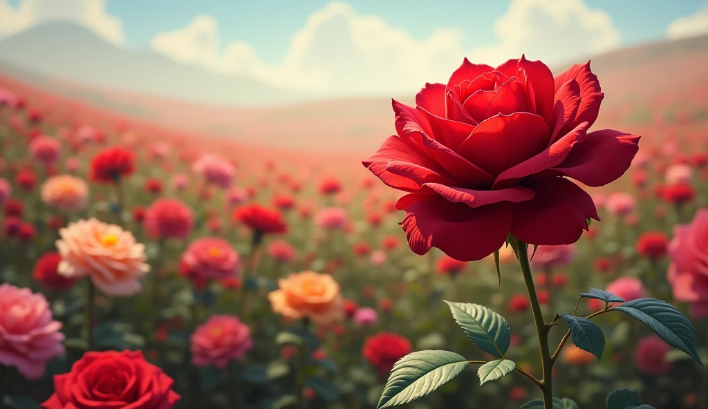 2024; (masterpiece, best quality) red rose in the foreground; field of flowers
