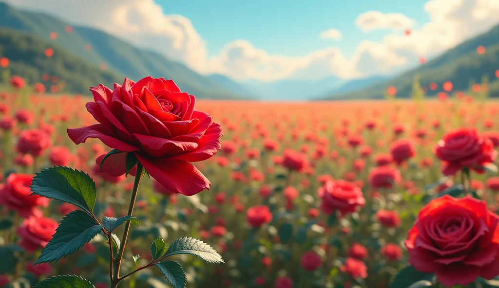 2024; (masterpiece, best quality) red rose in the foreground; field of flowers