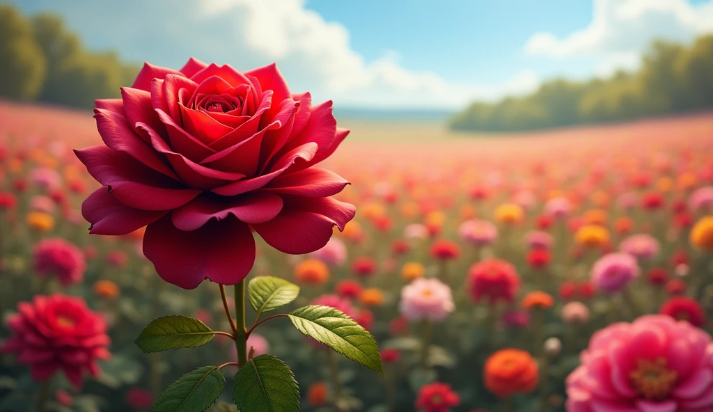 2024; (masterpiece, best quality) red rose in the foreground; field of flowers