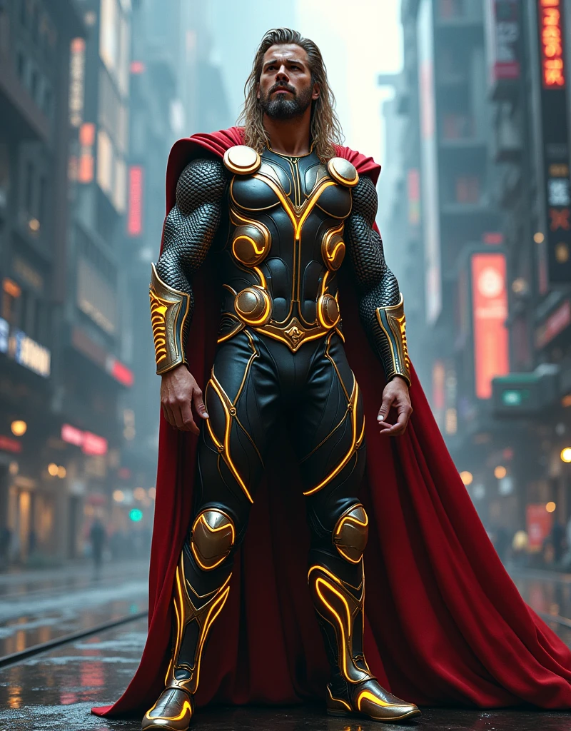 Thor glossy costume suit with glowing golden lighting cyberpunk futuristic costume cenematic background