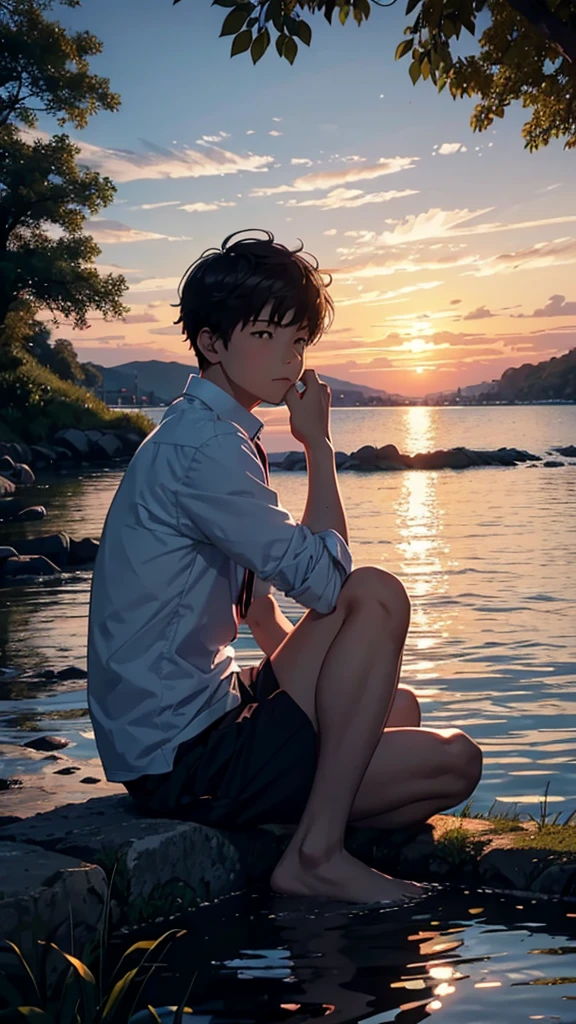 A boy watching the sunset on the bank(Handsome),student,Lying boy