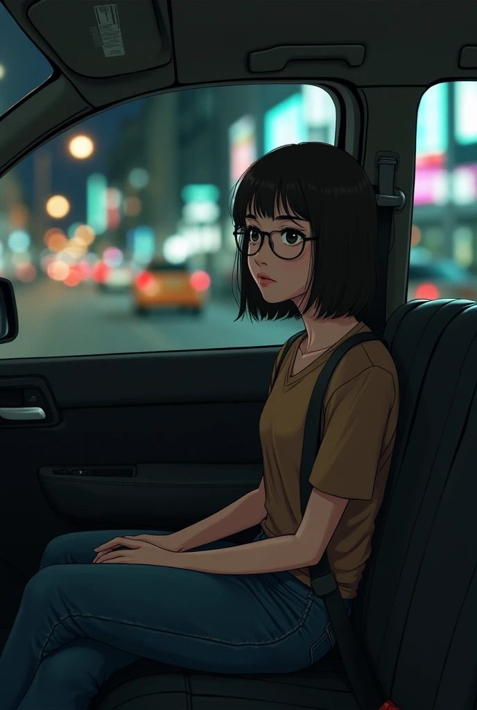 At night, a girl wearing a brown top, jeans and glasses is sitting in the third last row of a taxi and thinking about a boy wearing a dark blue shirt, jeans and white shoes.