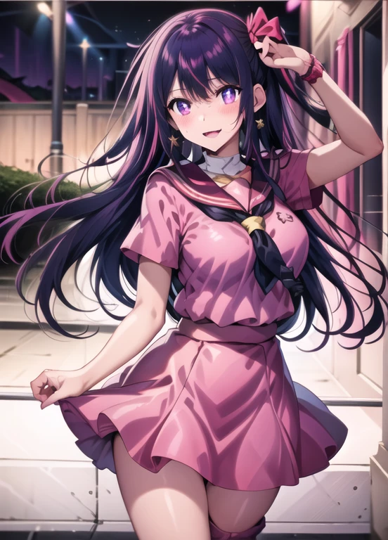 solo, hoshinoai, (Masterpiece:1.2, high quality), (pixiv:1.4), (1girl:1.2), (solo:1.2), medium_face, black + high_ponytail, blunt bangs, red + long_eyes, smile, Light_face, large breasts, slenderwaist, Wide pelvic, thigh gaps, (serafuku, sailor collar, necktie), Single_earrin, standing, standing straight, (full body), (blurry background),  ((pink dress, pink skirt)), 