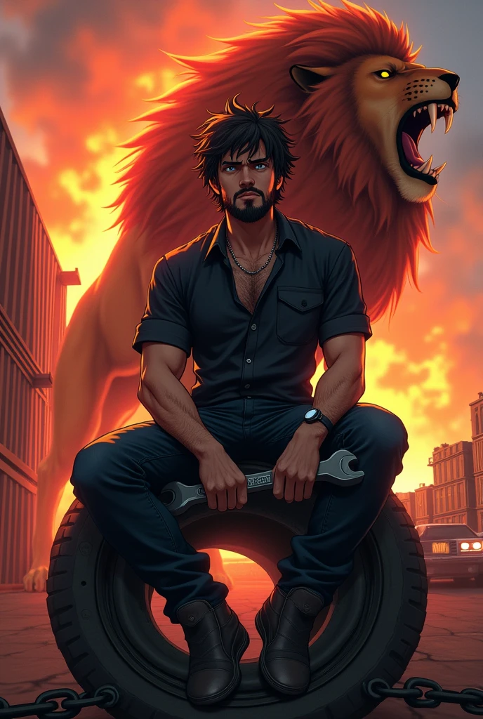 Create a anime style landscape long shoot image. Anime ,Dramatic and intense digital anime artwork featuring a 20 year boy with a stern expression, sitting on a large tire with chains. He has a medium skin tone, a thick beard, and tousled dark hair. He is dressed in a dark shirt and jeans, holding a large wrench. Behind him, there is a roaring lion with a majestic mane, adding to the fierce atmosphere. The background is filled with an orange and red fiery glow, with industrial elements like containers and a car with headlights on. The overall composition is dynamic and powerful, emphasizing strength and determination.