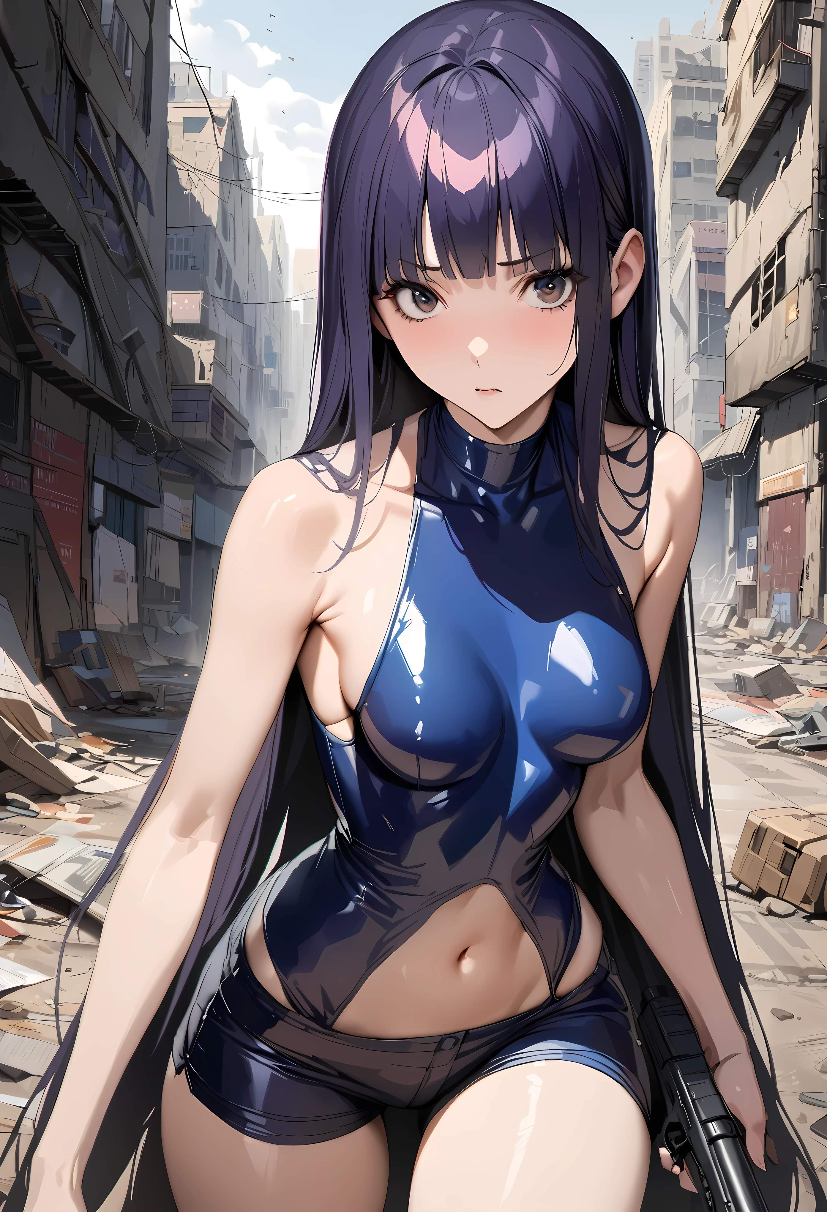 ((masterpiece,best quality anime,Highest quality:1.3)),realistic,cowboy shot,1woman,solo,(30 year old beauty),((very small head:1.4)),((very long body:1.4)),(dark blue hair),straight long hair,(gorgeous big eyes),black eyes,Serious expression,((slender body:1.4,skinny)),(dark blue turtleneck sleeveles,navel、Navy blue latex shorts),Leg holster medium breasts,,oily skin:1.2,gleaming skin,shiny skin, (holding handgun),standing,on road,Ruined city、Collapsed Buildings、cyberpunk world、