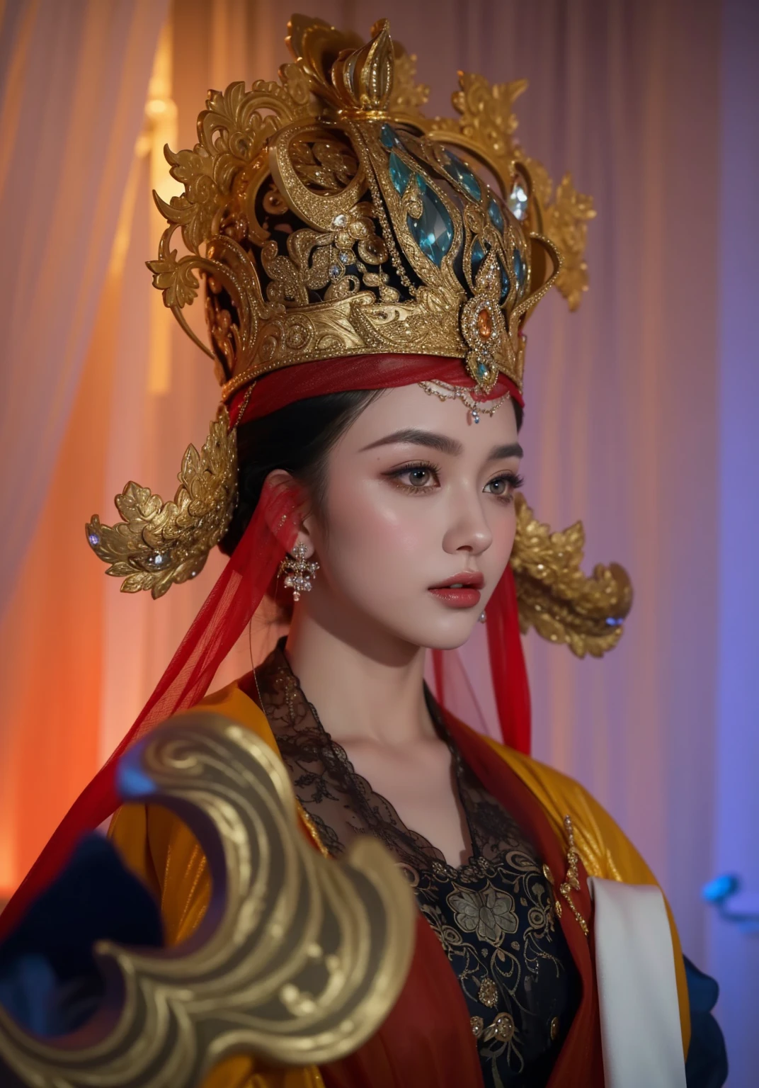 Royal sisters，Exquisite eyes，Frozen Queen，Put the crown on your head，Detailed facial expressions body，Tall and big，Glamorous characters，Leg length，4K，HD，Sensual，White translucent lace，白皙full image，Little cherry mouth，Beautiful and lovely，full image，Glossy Gel Coat，Vampire Queen in luxurious robes，Have a tattoo(Intricate tattoo designs)，Ice Princess，Rich facial details，Gold diamonds，Luxurious and exquisite jewelry，Lace Printed Silk Dress，The empress wore an extremely luxurious crown