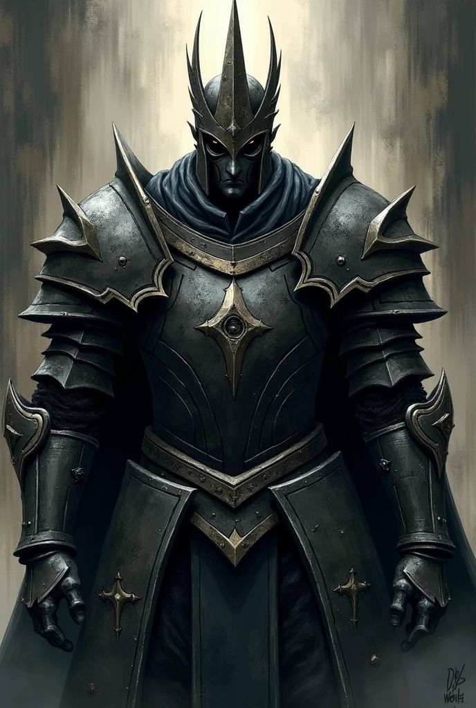 a drawing of a man in armor with a crown on his head, face of an armored villian, dark souls art style, scary knight, dark souls art, high detailed official artwork, in berserk manga, dark souls character, hyper detailed manga drawing, dark souls knight, undead knight, the dark souls knight, portrait of guts from berserk Full body image