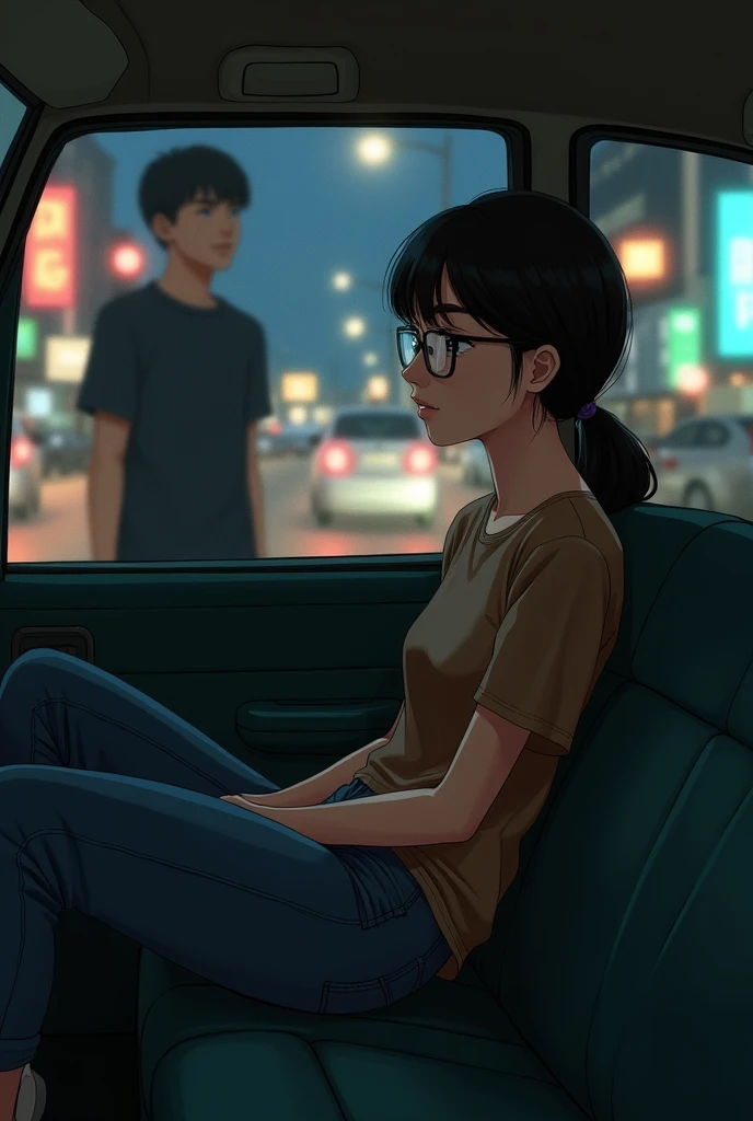 At night, a girl wearing a brown top, jeans and glasses is sitting in the third last row of a taxi and thinking about a boy wearing a dark blue shirt, jeans and white shoes.