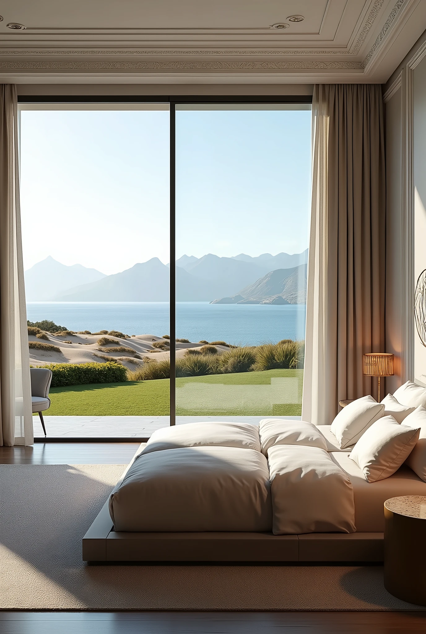 Luxury bedroom, moderno, big bed, wall with full glass sliding door on the entire wall with a view of the lawn first, then sand, then crystal blue sea, with mountains on the ocean side, inside the room curtains on the sides of the wall where the glass door is, modern carpet, wall with white bisserie, all in neo classic style