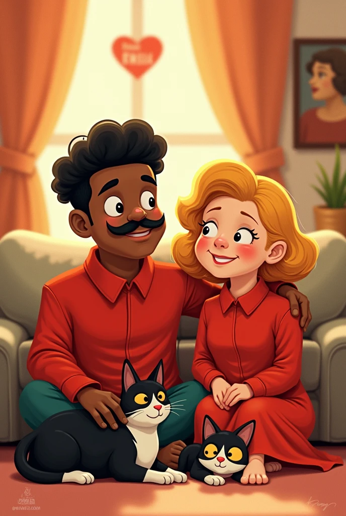 A Disney Pixar style image of a couple of a dark skinned man with a mustache, A blonde woman, a black cat and a black and white cat. All in communist red clothes Written on top "home sweet home"