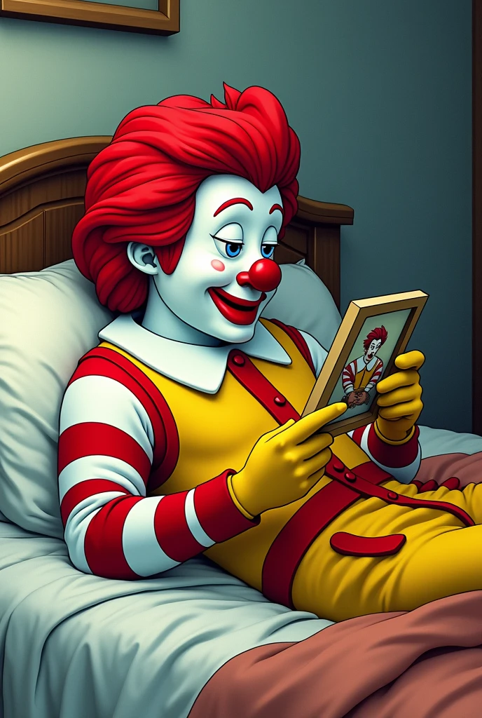 image of Ronald McDonald lying on a bed, holding and looking at a framed photo with the camera angle to the side. The image must be in comic book style 