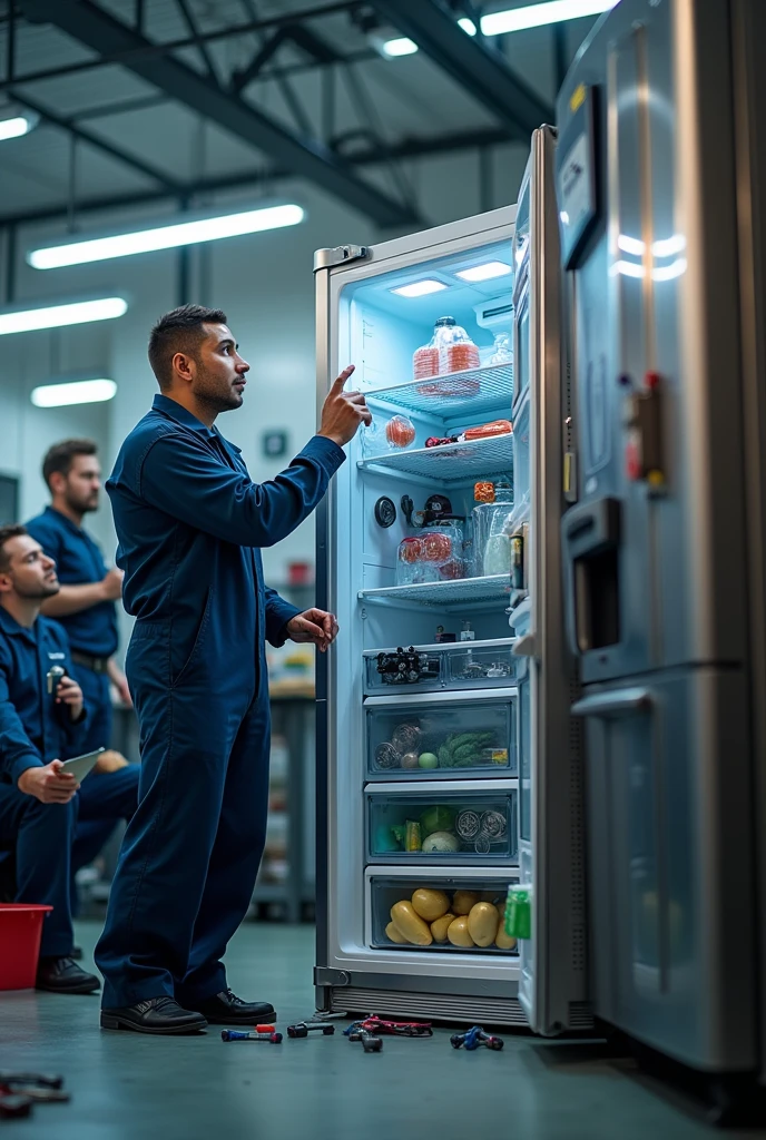Create a banner A technicians repairing a refrigerator in service centre