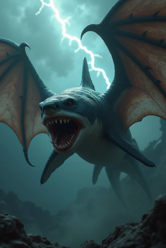 Create an image of a shark with evil wings