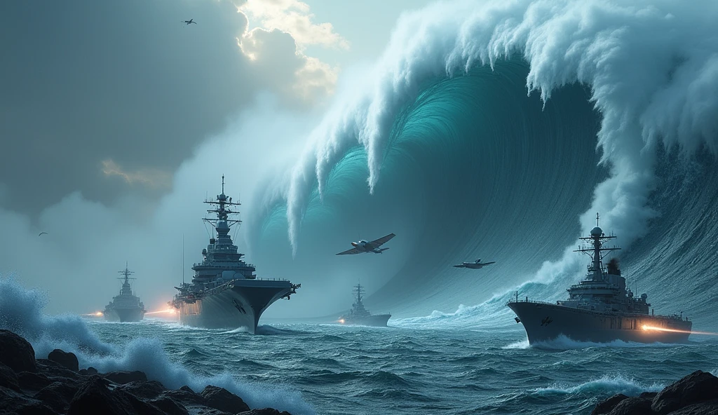 2024; (masterpiece, best quality) destroyed sea; giant waves; naval battles between aircraft carriers