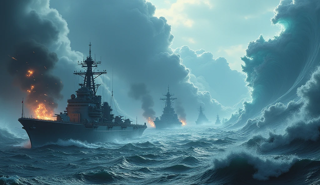2024; (masterpiece, best quality) destroyed sea; giant waves; naval battles between aircraft carriers