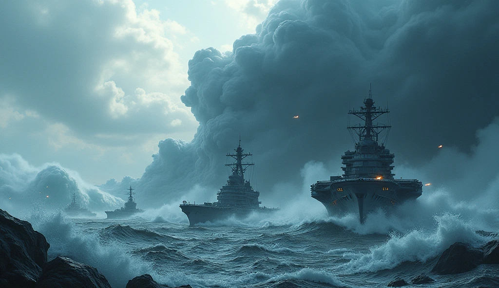 2024; (masterpiece, best quality) destroyed sea; giant waves; naval battles between aircraft carriers
