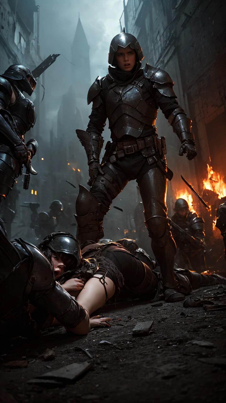 extremely detailed,hyper realistic, 1 group of heavily armored futuristic soldiers in black and gold armor, dark fantasy, 1 woman cowering on the ground, soldiers violently sexually assaulting and overpowering the woman, they tearing her cloth and trying to force themselves on her, gritty, dramatic lighting, cinematic composition, dark and gloomy atmosphere, intricate details, muted color palette, high contrast, intense emotions, masterpiece
