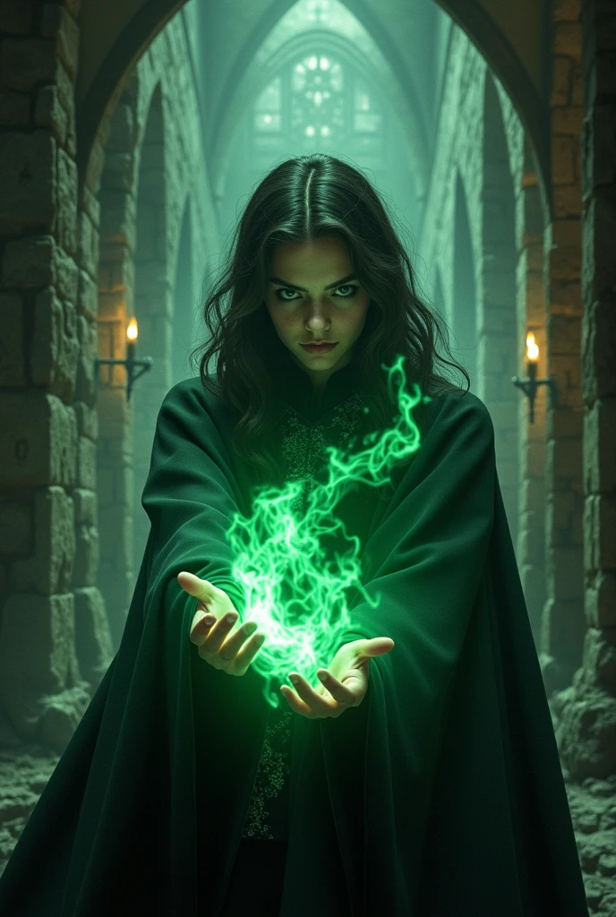 Make a Slyderin student, who shows his dark power.