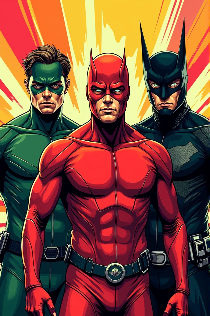 A trio. Brad Pitt in a green super Hero suit On the left side. Leonardo DiCaprio in a Red superhero suit. And Travis fimmel in a black superhero suit. Pop art style