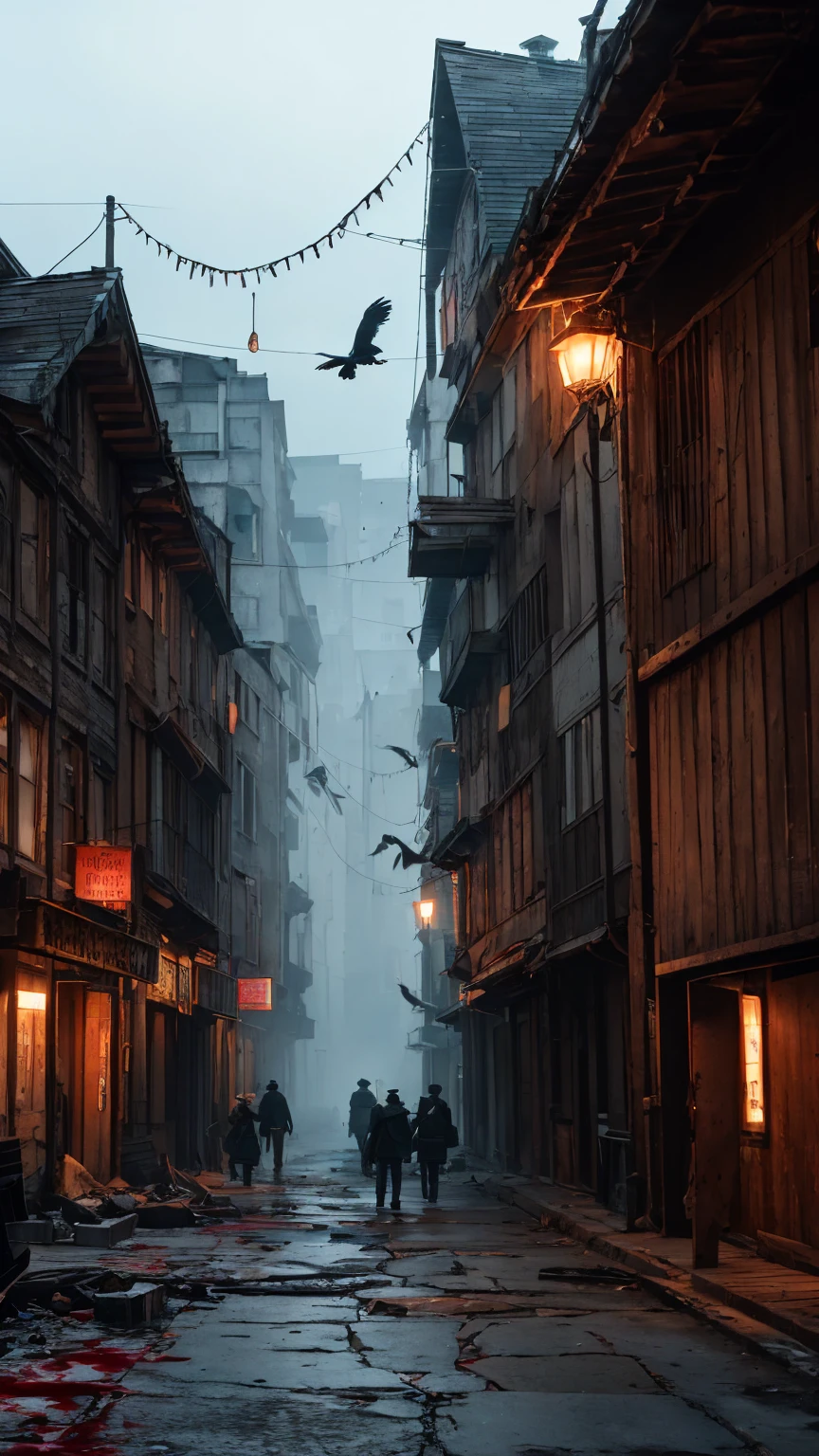 A dark and foreboding visual depiction of a city center transformed into an execution zone. At the heart of the square stands a large, imposing scaffold made of dark, weathered wood, stained with the blood of countless executions. Iron shackles hang from a thick wooden beam, while a tall, sharpened spike looms nearby. The ground around the scaffold is bare and trampled, the cobblestones worn smooth by the feet of onlookers. A low stone wall encircles the area, adorned with rusted iron spikes, creating a menacing boundary. In the corners of the square, iron cages hang from tall wooden poles, holding the skeletal remains of previous victims. These grim displays sway and creak in the wind, adding to the eerie atmosphere. The surrounding buildings, once grand, are now darkened by soot and grime, with shattered or boarded-up windows. The scene is often shrouded in a thick, oppressive mist, with the air heavy with the scent of blood and decay. Crows perch on the rooftops, watching the proceedings below with unblinking eyes, while the distant wail of a mourner and the harsh commands of guards break the heavy silence. The overall atmosphere is one of death and despair, capturing the grim reality of a place where hope is extinguished, and justice is meted out with ruthless finality. The art style should be realistic, emphasizing the oppressive and chilling mood of the execution zone in this dark, dystopian city center.