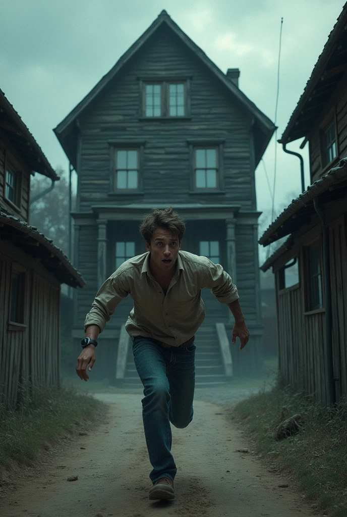 A young man fleeing from a large wooden house, scared, in a small town with a dark and somewhat lively atmosphere