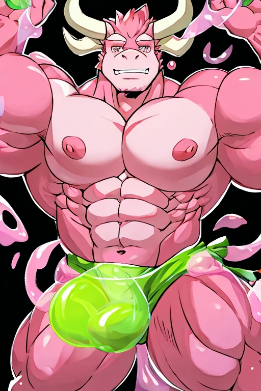 Pink slime bull, gelatinous, muscular, high