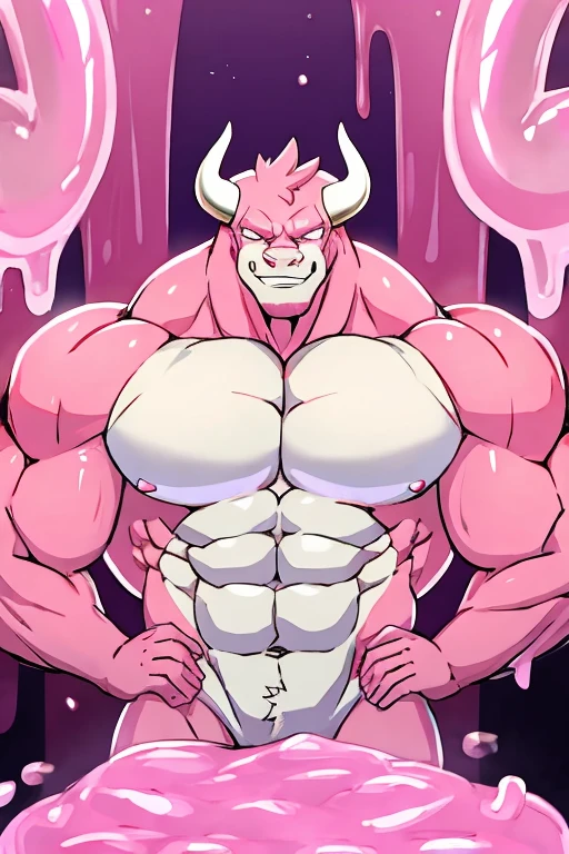 Pink slime bull, gelatinous, muscular, high