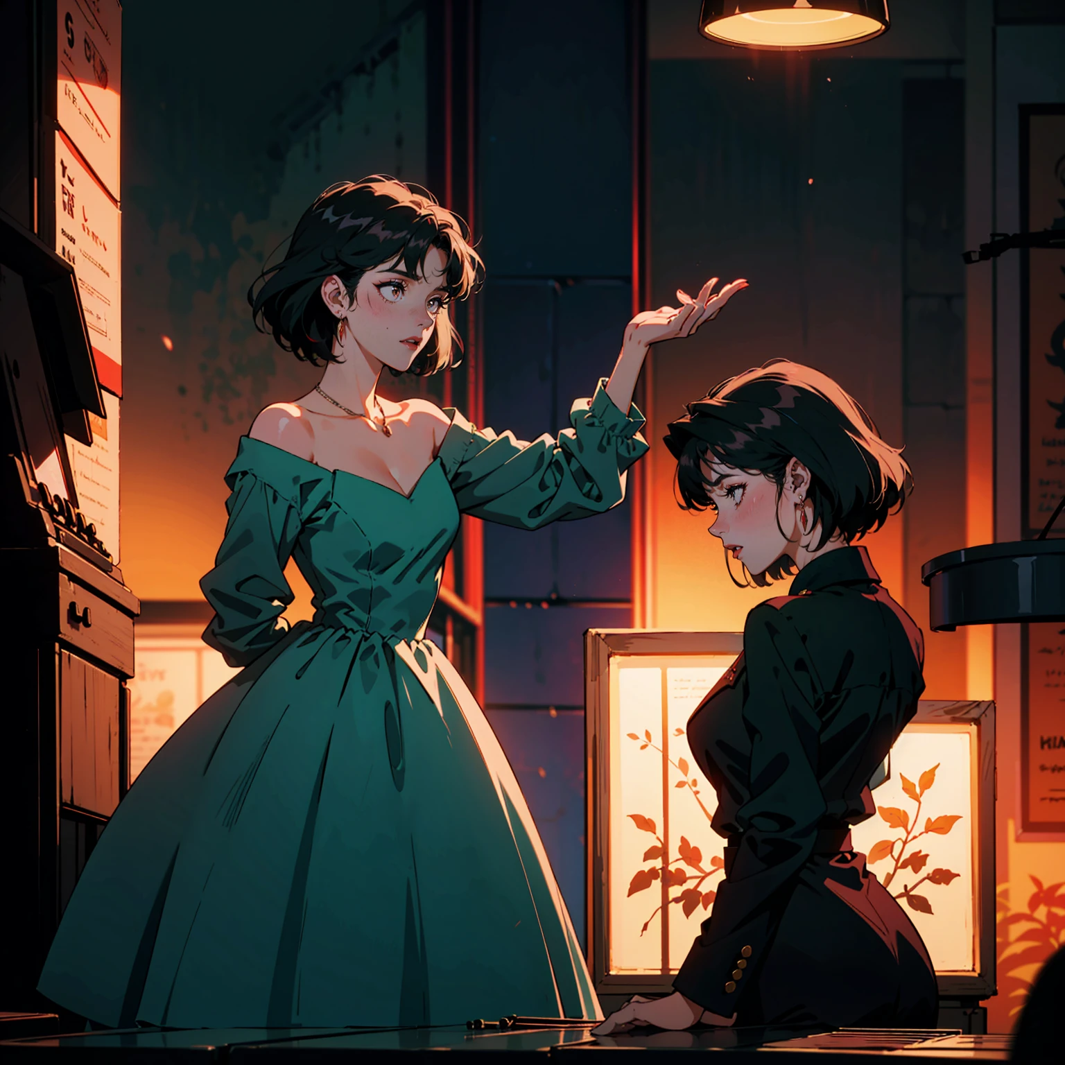 Singing jazz singer, jazz band,Stand next to the piano, A dress with atmosphere, Adult women , Emotional facial expressions, (Backlight: 1.1), A scene from a movie, Soft Shadows, masterpiece, Highest quality, Complex, Model shooting style, Film Grain, Upshot、Red lipstick、Blue tones